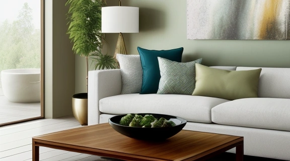 Оформление интерьера по фэн шуй в современной гостиной, с элементами дерева, воды и света, создающее гармонию.