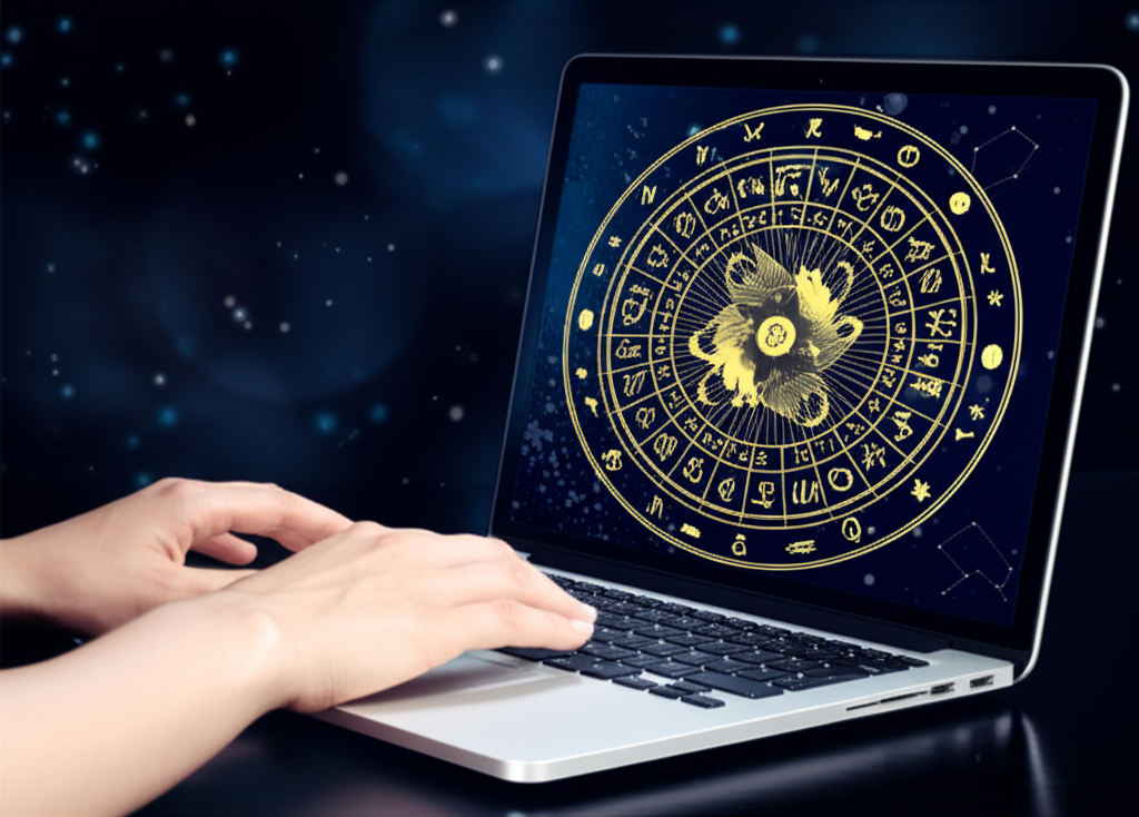 Современные онлайн-консультации астролога с разбором натальной карты на экране ноутбука