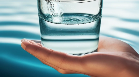 Человеческая рука держит стакан чистой воды, символизирующий орошение организма и важность гидратации.