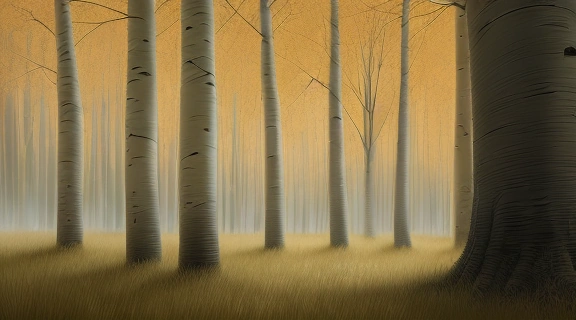 Загадочная осина мифология древних славян, изображенная в лесу на закате с лёгким туманом, символизирующим её двойственную природу и связь с мистикой.