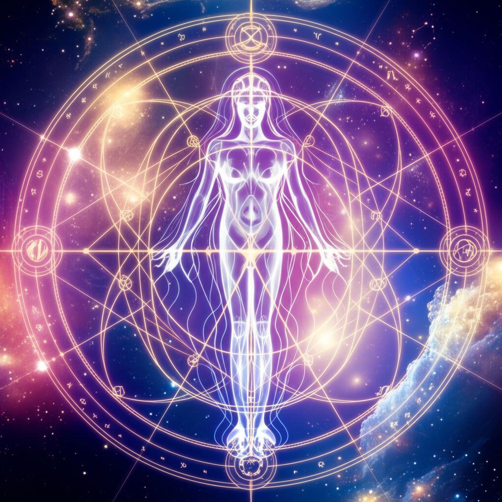 Иллюстрация, демонстрирующая основы астрологии простыми словами через схематическое изображение натальной карты с знаками зодиака и планетами.