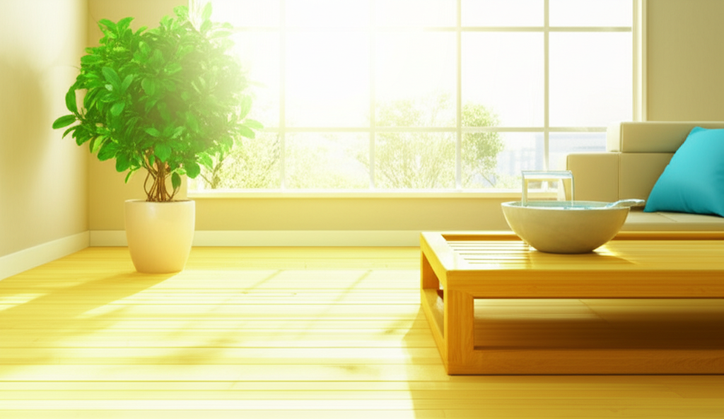 Светлый и гармоничный интерьер, иллюстрирующий основы фэн-шуй, с живым растением и натуральными материалами.