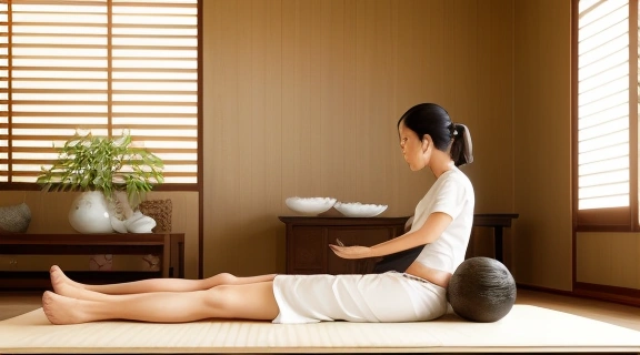 Женщина-мастер демонстрирует основы тайского массажа, выполняя растяжку ноги клиента на традиционном мате.