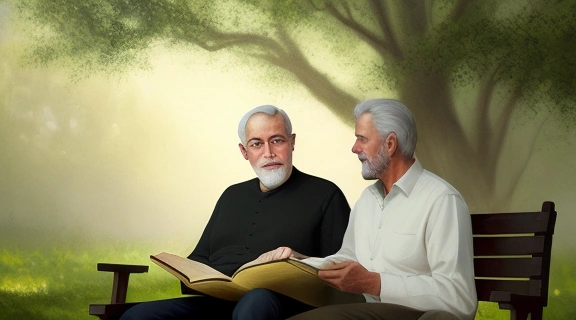 Мужчина среднего возраста и его взрослый сын беседуют на скамейке в парке, символизируя глубокую связь Отцы и дети.