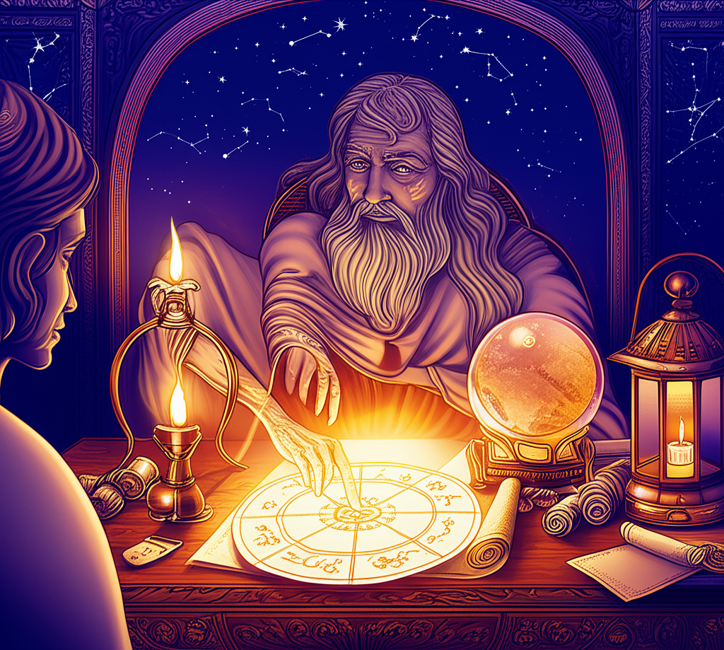 Иллюстрация, символизирующая ответственность астролога перед клиентом: мудрый астролог объясняет натальную карту внимательному клиенту в атмосфере доверия и профессионализма.