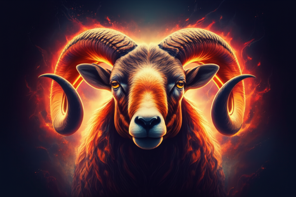 Огненный баран в динамичной позе, который иллюстрирует овен знак зодиака стихия.
