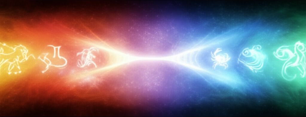 Иллюстрация, символизирующая парную совместимость по знакам зодиака, с изображением астрологических символов и гармонично переплетающихся энергий.