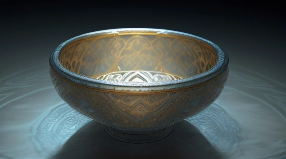 Завораживающая сцена Персидского гадания по кольцам, где рука подвешивает серебряное кольцо над чашей с водой.