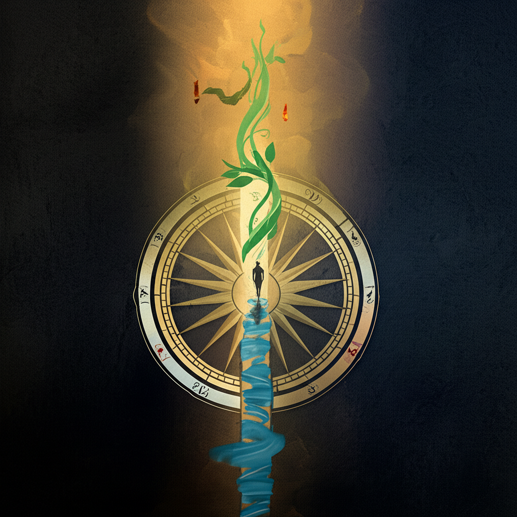 Стилизованный компас и элементы фэн-шуй, иллюстрирующие персональное число гуа