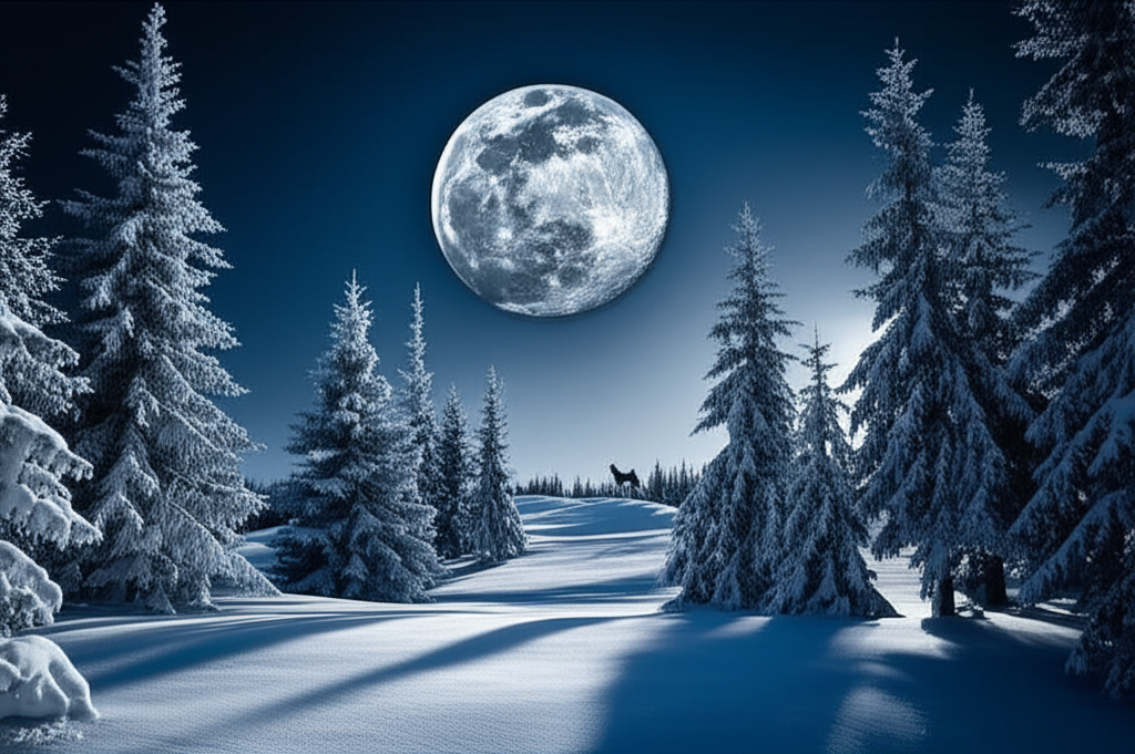 Первое полнолуние нового года, известное как Волчья Луна, ярко освещает заснеженный зимний лес