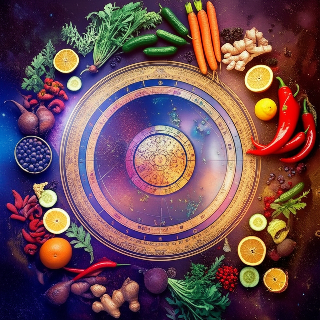 Здоровые продукты и астрологическая карта, иллюстрирующие питание по знакам зодиака.