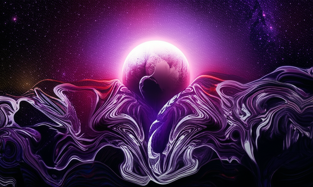 Мистическое изображение, символизирующее плутон как правитель скорпиона, с глубокими цветами и элементами трансформации.