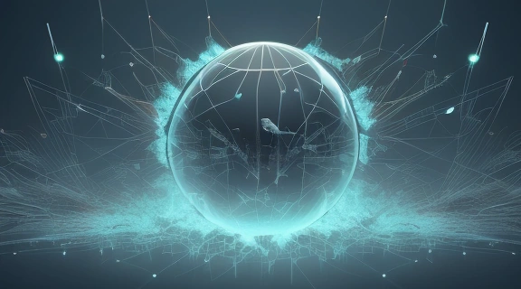 Изображение демонстрирует, почему не сбываются прогнозы: разбитый хрустальный шар на фоне сложной сети данных, символизируя непредсказуемость будущего и ограничения предсказаний.