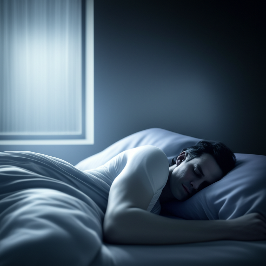 Человек спит в кровати, и над его головой пустое пространство, символизирующее, почему не снятся сны.