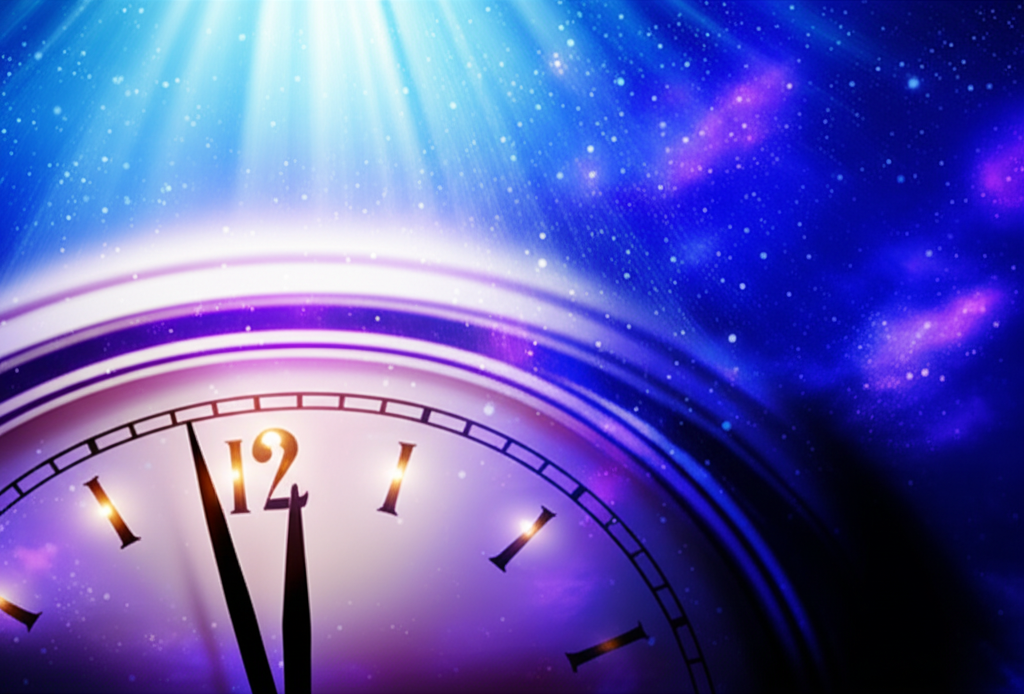 Светящийся циферблат часов и подсказки ангелов по часам на фоне звездного неба.