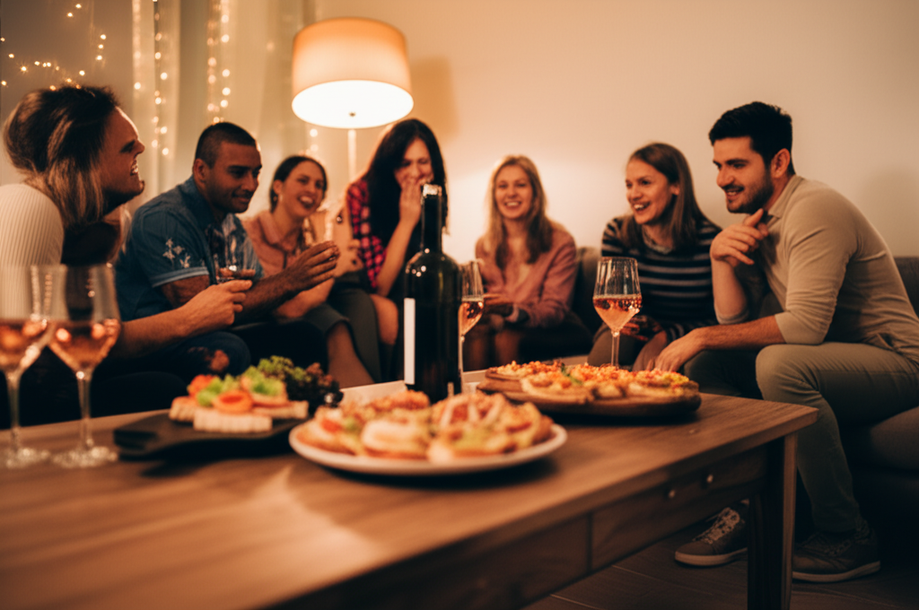 Группа друзей на домашнем празднике, иллюстрирующая подсказки для успешной вечеринки.