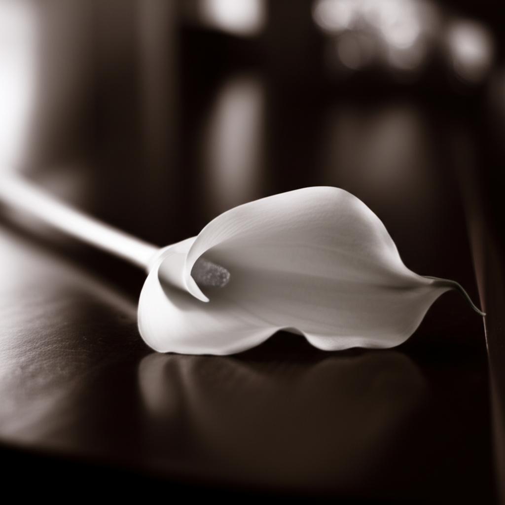 Символическое изображение, иллюстрирующее похоронные обряды: белая калла на темном фоне.