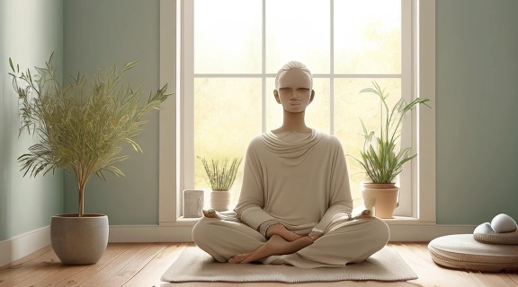 Изображение человека, погруженного в размышления, символизирующее процесс, как полюбить самого себя и обрести внутреннюю гармонию.