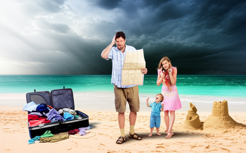 Наглядное пособие, как испортить отпуск: хаотичная сцена с семьей на пляже.