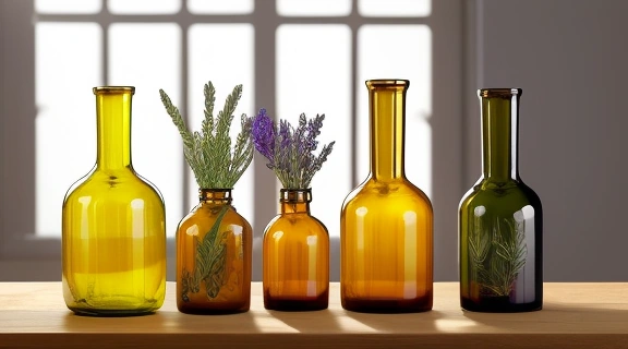 Разнообразие видов эфирных масел в стеклянных флаконах, окруженных растениями-источниками