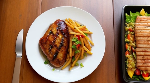 Сравнительная иллюстрация, демонстрирующая как польза и вред мяса проявляются в выборе продуктов: на одной тарелке здоровая куриная грудка с овощами, на другой — жирный стейк и обработанные мясные продукты.