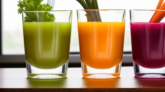 Изображение демонстрирует свежие фрукты и овощи рядом с бокалами свежевыжатых соков, что наглядно иллюстрирует польза и вред свежевыжатых соков.