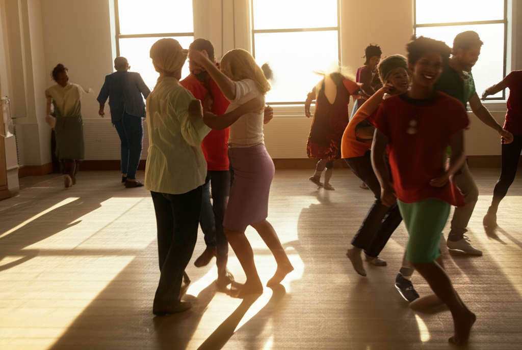 Оживленная группа людей в танцевальной студии, демонстрирующая всестороннюю пользу танцев для здоровья и общения.