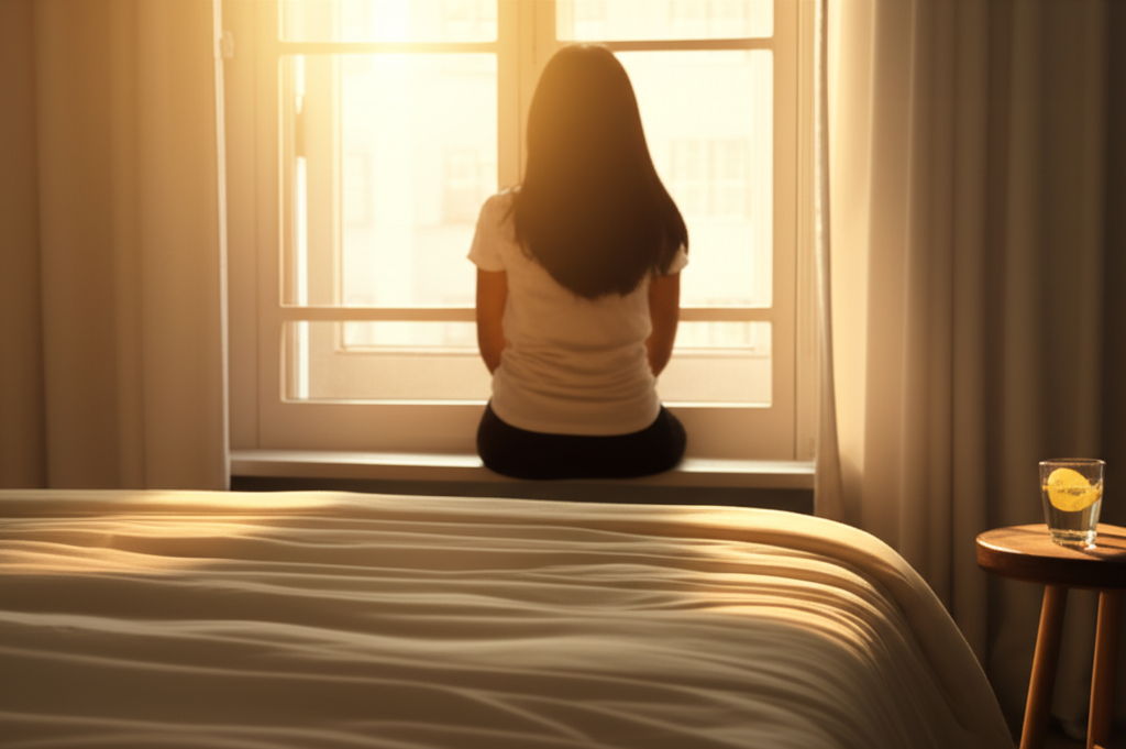 Спокойное пробуждение по всем правилам для бодрого утра: человек у окна с первыми лучами солнца.