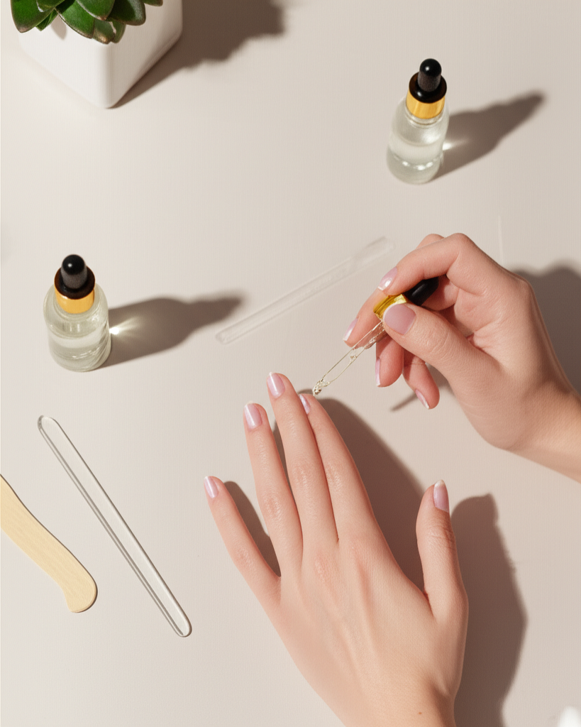 Комплексный уход за ногтями с применением масел и специальных инструментов.