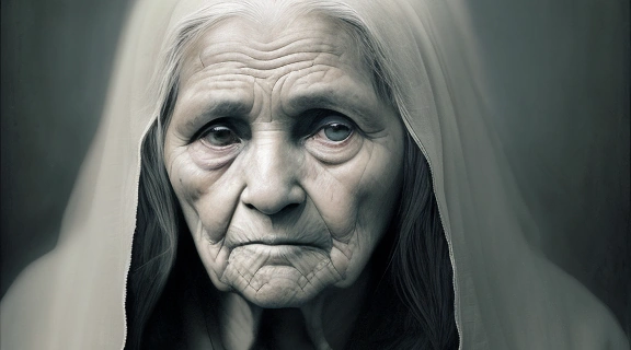 Портрет Предсказательницы Ванги, слепой провидицы, сидящей в скромной комнате, излучающей мудрость и загадочность.