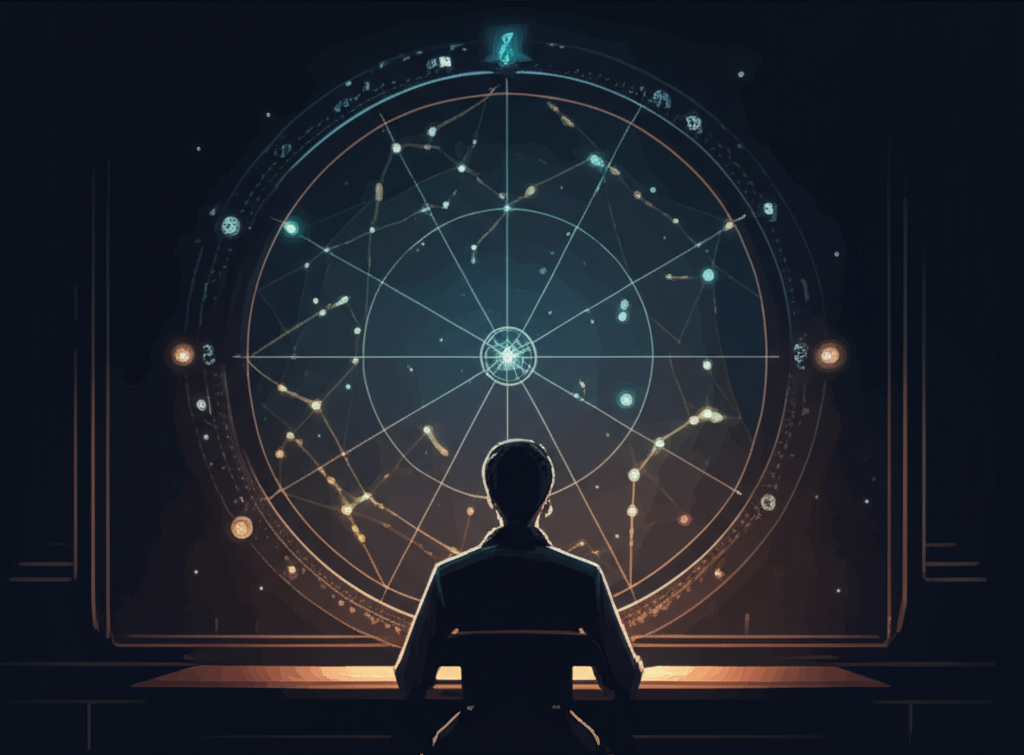 Детальные примеры интерпретации гороскопов на фоне абстрактной астрологической карты.