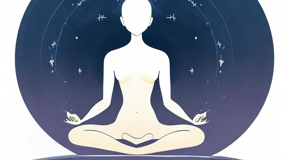 Иллюстрация, символизирующая Принципы рейки, с медитирующей фигурой, излучающей свет и окруженной образами пяти основных учений.