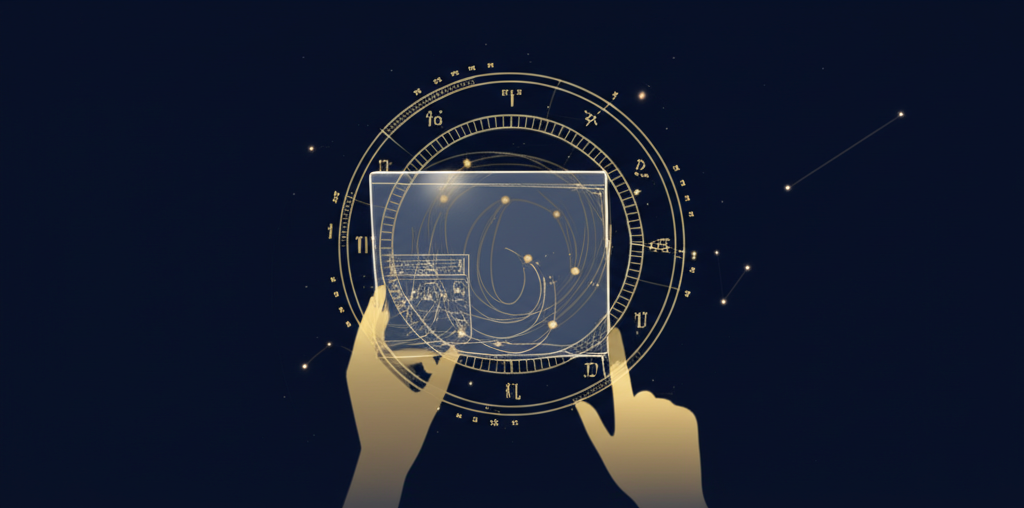 Персональный прогноз на месяц по транзитам на стильном изображении с зодиакальным кругом.