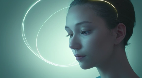 Человек размышляет о своей идентичности и том, как на него влияет психология и имя, с абстрактными элементами, символизирующими мысли и самосознание.