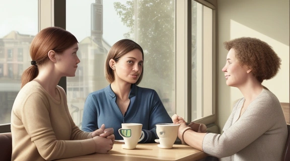 Трое людей ведут спокойную беседу в кафе, символизируя психологию общения совместимости и глубокое взаимопонимание.