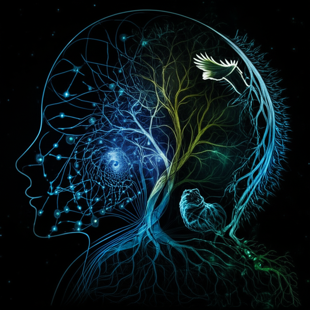 Глубинная связь психология религия шаманизм, изображенная через символическую фигуру и космические узоры.