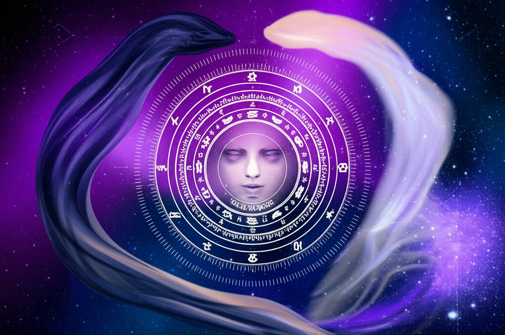 Схематичная инфографика, где можно Раху и Кету рассчитать онлайн натальная карта с символами лунных узлов на фоне зодиакального круга.