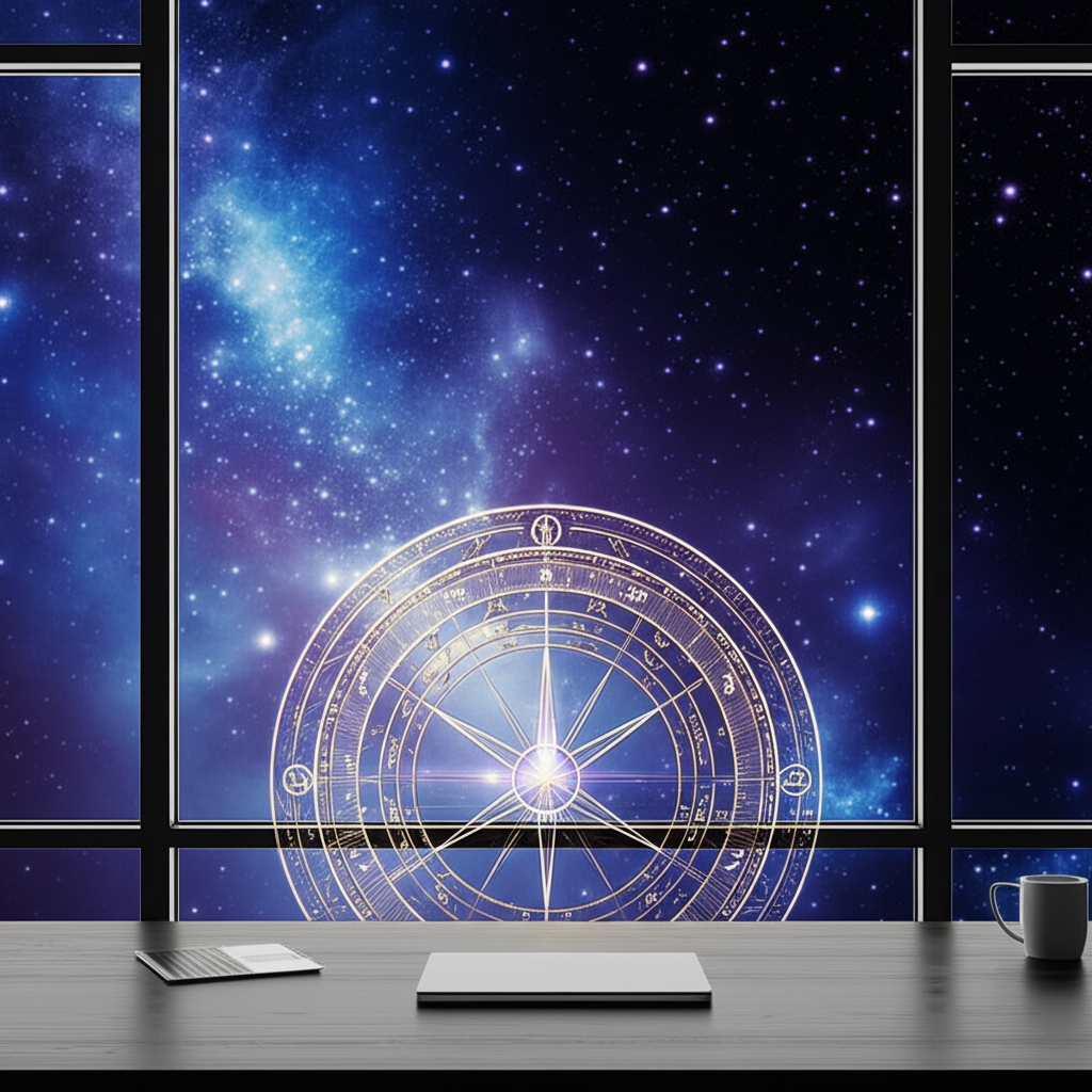 Визуализация процесса: расчет натальной карты бесплатно на фоне звездного неба.