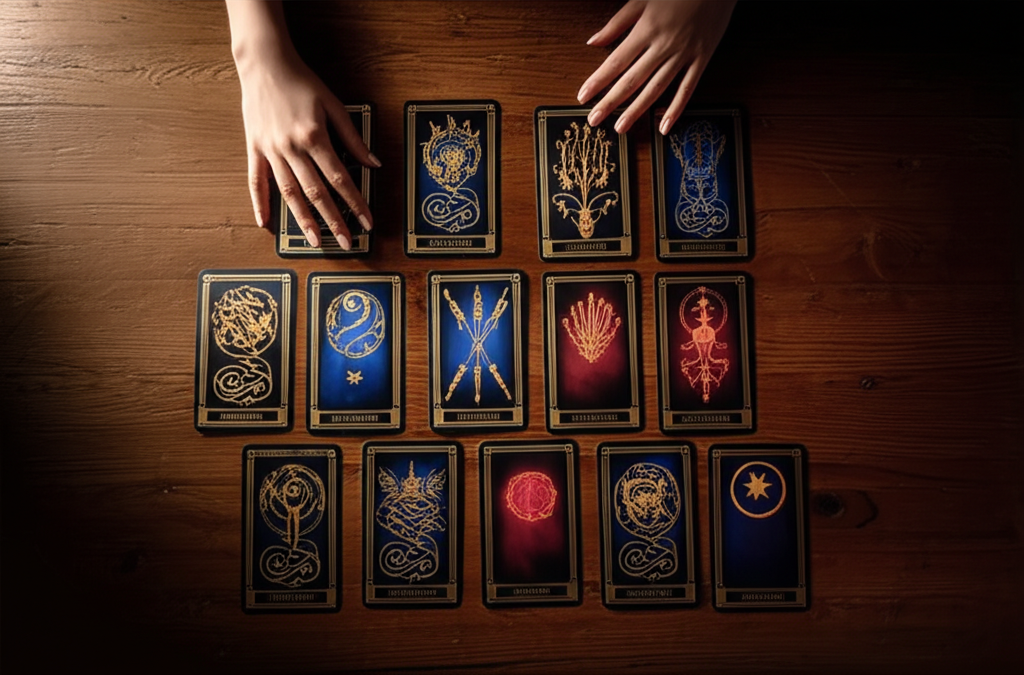 Профессиональный расклад 15 карт Таро, выложенный на темном деревянном столе в три ряда.