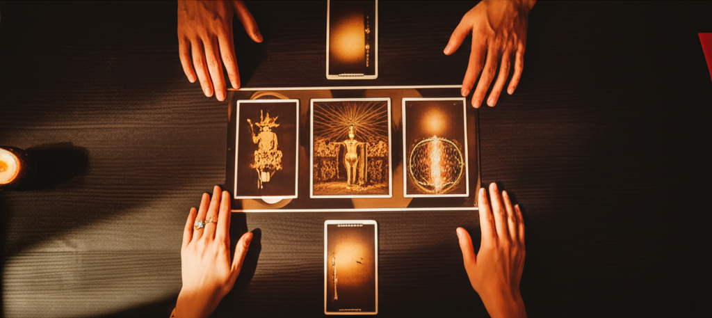 Красивый и детальный расклад для двоих на картах Таро, лежащих на деревянном столе.