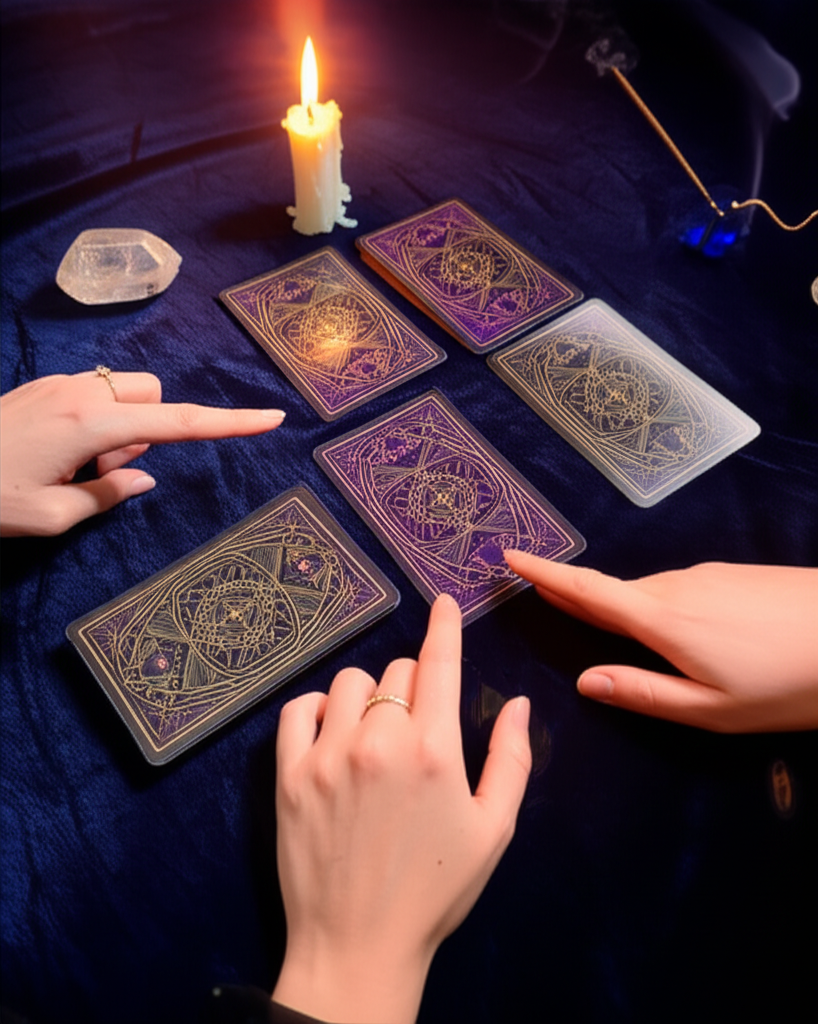 Глубокий расклад партнеры на картах Таро, освещенный светом свечи.