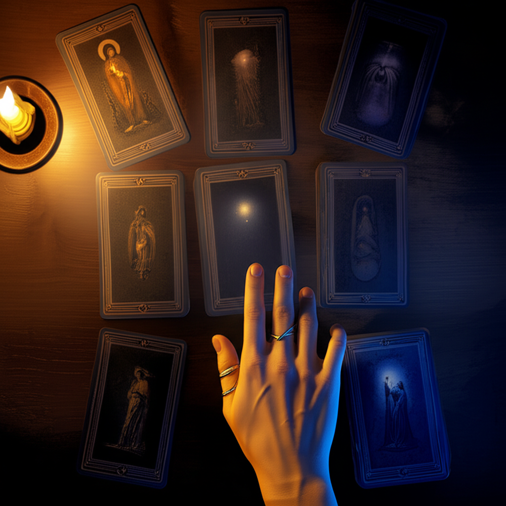 Эффективный Расклад Поиск на картах таро, разложенных на деревянном столе.