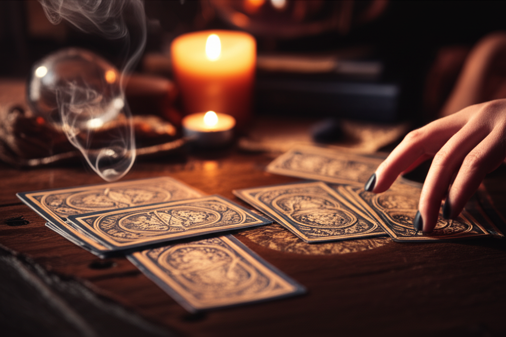 Иллюстрация, показывающая женщину, проводящую расклад таро на будущее на год, с мистической атмосферой и свечами.