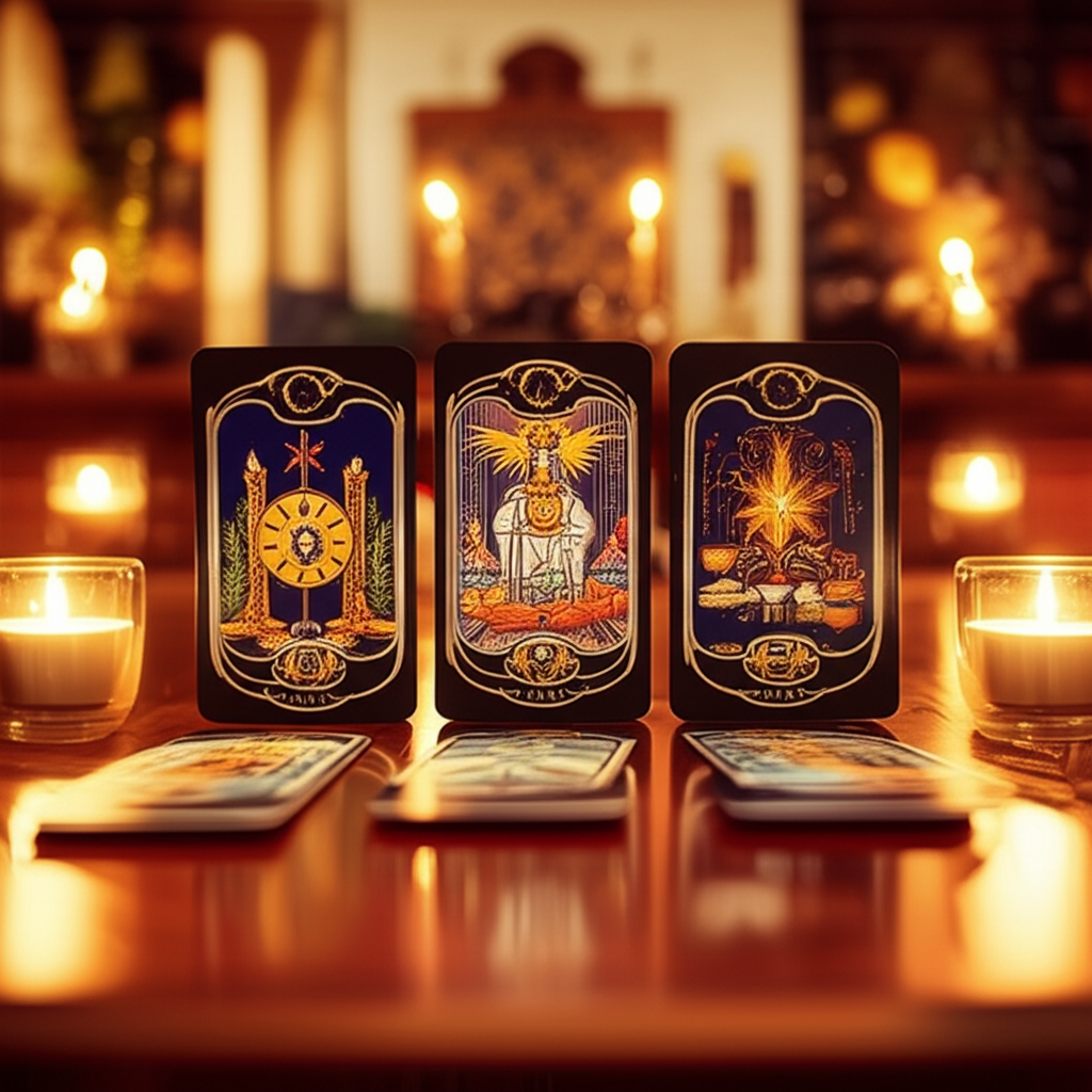 Изображение демонстрирует детальный расклад таро на финансы на три месяца, лежащий на старинном деревянном столе, окружённый свечами и кристаллами, символизирующими изобилие.