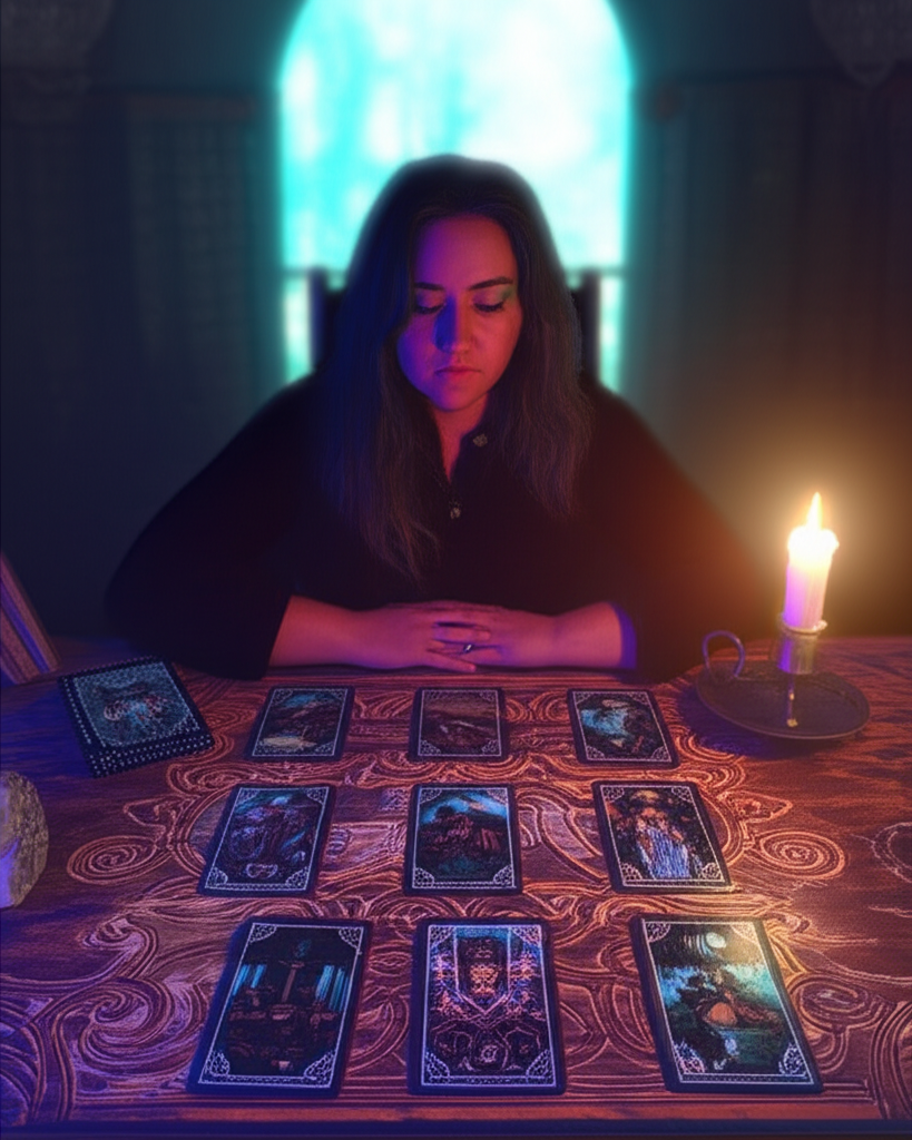 Загадочный расклад таро на поиск жизненного пути на старинном деревянном столе, освещенный мягким светом луны, с фигурой, глубоко погруженной в размышления.