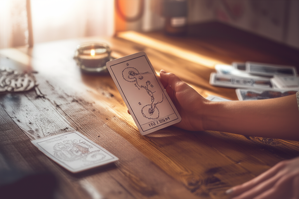 Изображение демонстрирует процесс использования расклада таро на принятие решения выбор, с руками, раскладывающими карты на деревянном столе, освещенном мягким светом.