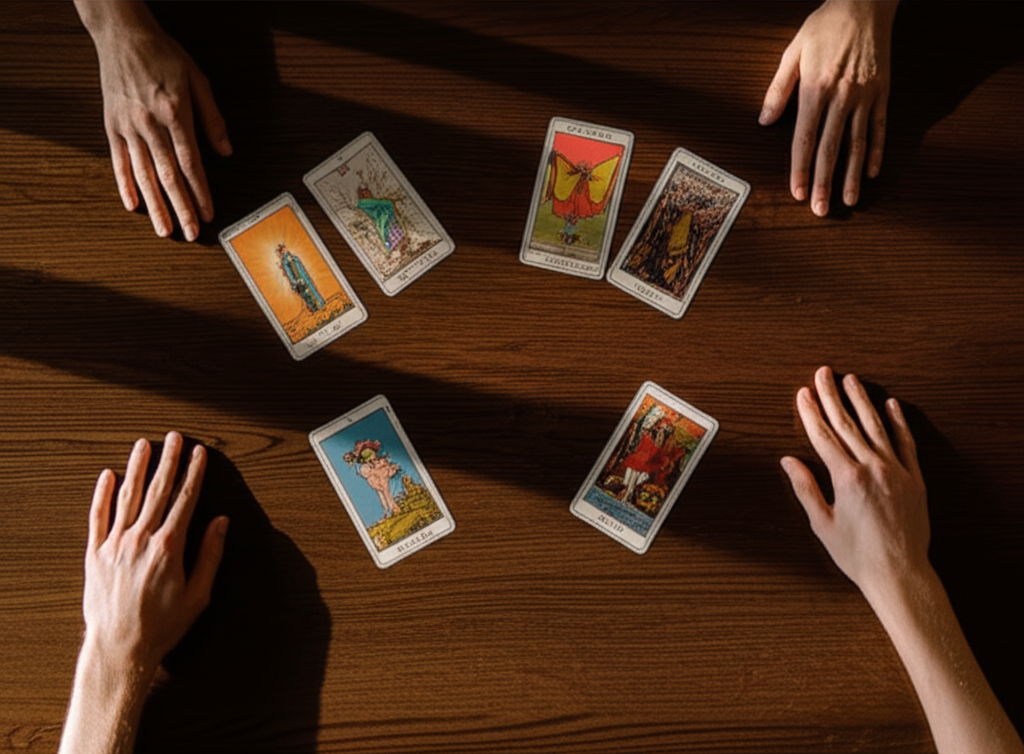 Человек анализирует расклад выбор на столе с картами Таро.