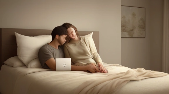 Изображение пары в уютной спальне, символизирующее глубокие Постельные секреты и эмоциональную близость.