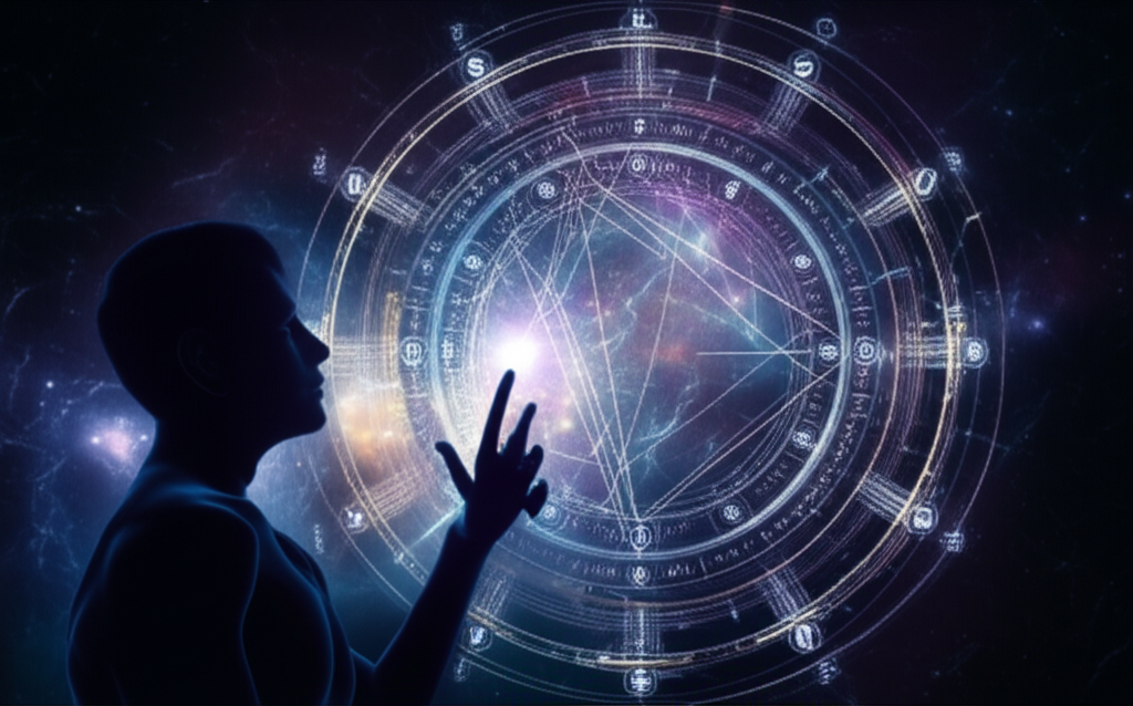 Изображение демонстрирует процесс расшифровки натальной карты онлайн, с элементами астрологических символов и цифровой визуализации.