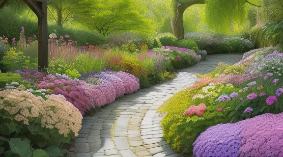 Разнообразные цветущие и декоративные растения для сада в полном расцвете под солнечным светом, формирующие гармоничный ландшафт.